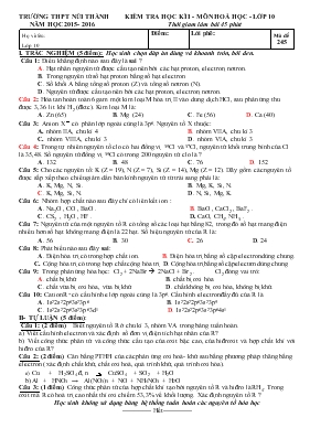 Kiểm tra học kì I - Môn hoá học - Lớp 10 năm học 2015 - 2016 thời giam làm bài 45 phút